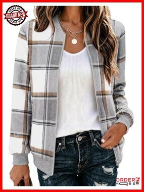 Lightweight Plaid Flannel Bomber Jacket Zip Up Casual Fall Coat